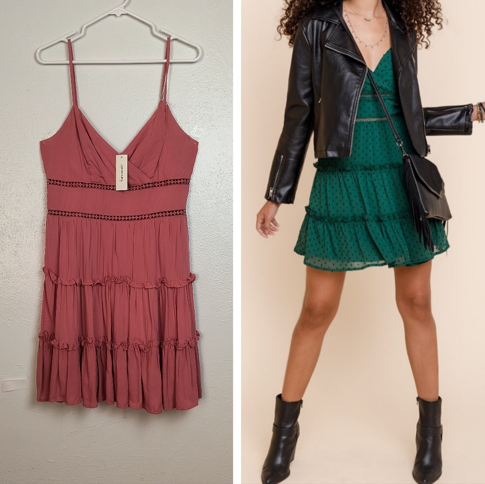 Francesca's mi ami Sl Ruffleti Mini Dress Women's Size L Dusty Rose Boho Chic